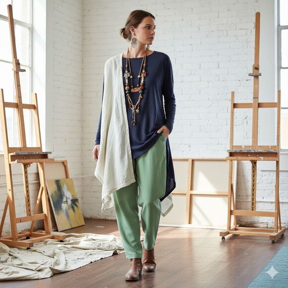 NWOT UbU I'll Be Me Lagenlook Artsey Boho Hippie Tencel Trouser Pants Green M/30 - Picture 4 of 11